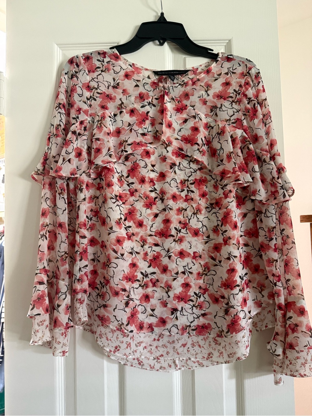 White House Black Market Pink Floral Ruffle Blouse
